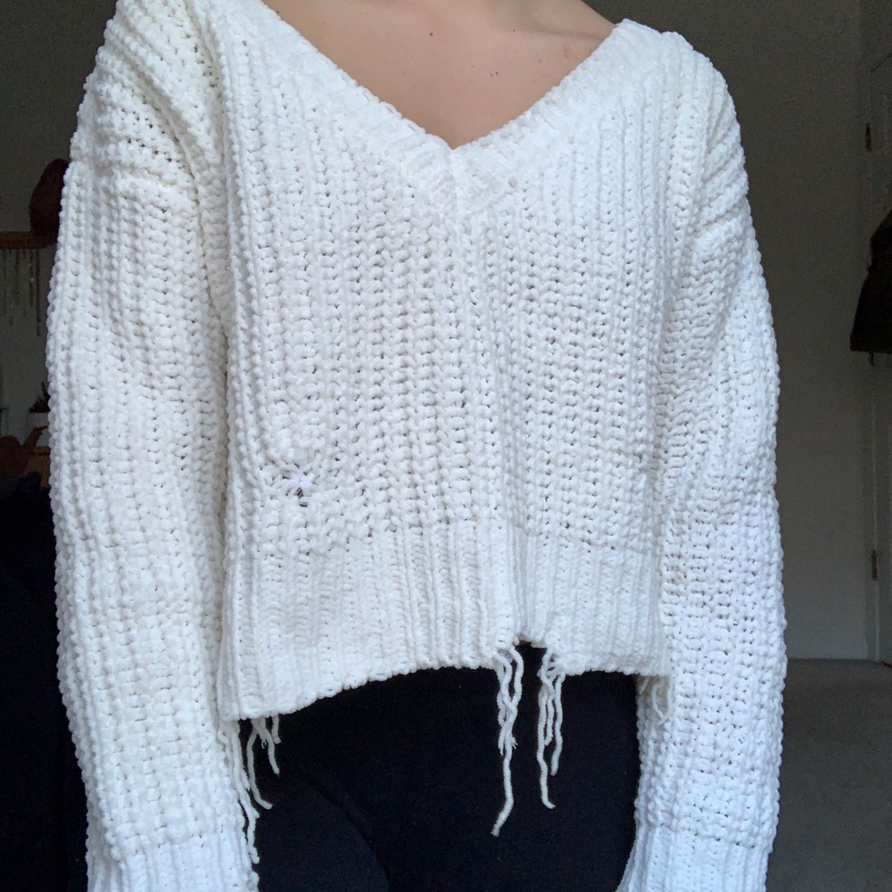 White distressed cropped sweater
